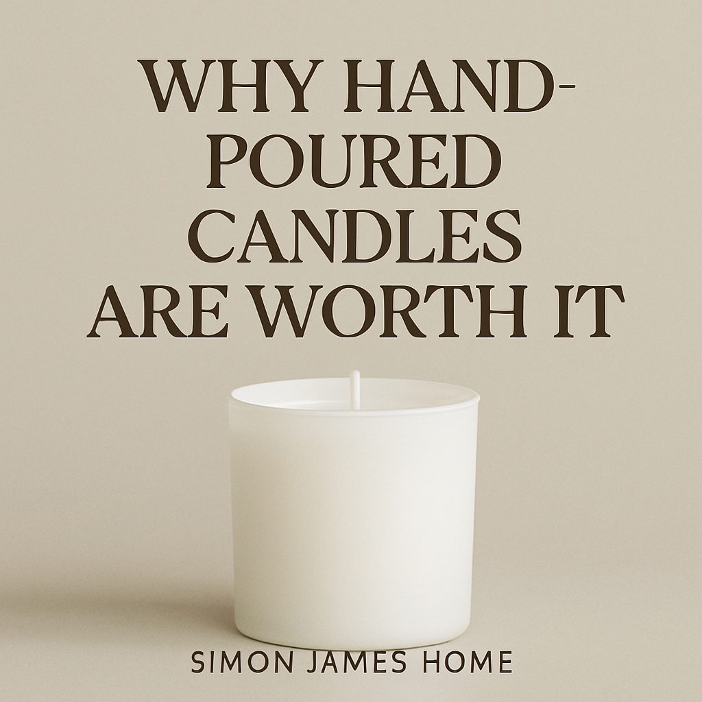 Hand-poured white soy wax candle in glass jar, promoting handmade candles UK, eco candles, and luxury candle craftsmanship.