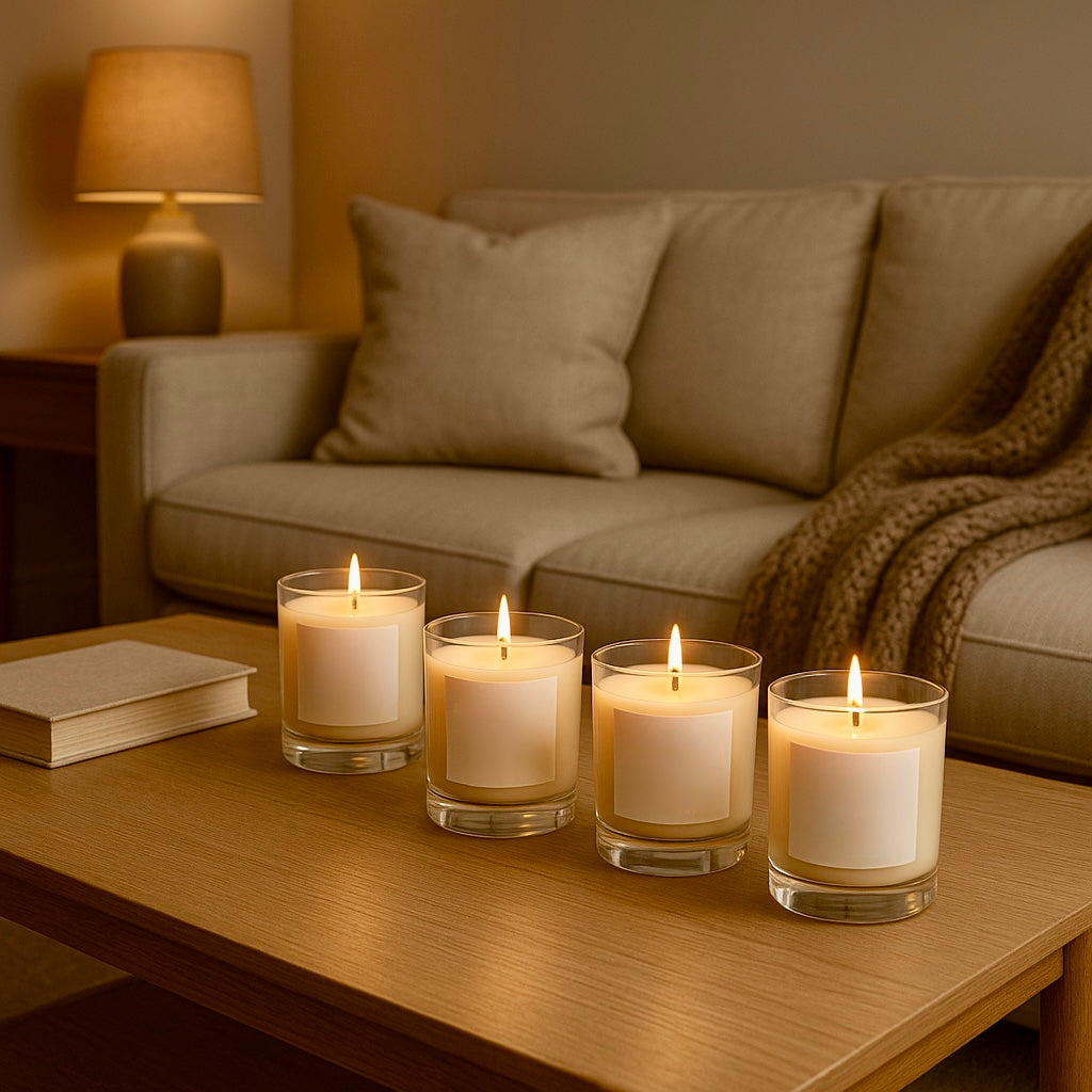 Cosy living room with a beige sofa and light oak coffee table featuring five glowing Simon James Home soy wax candles in glass jars, creating a relaxing atmosphere.