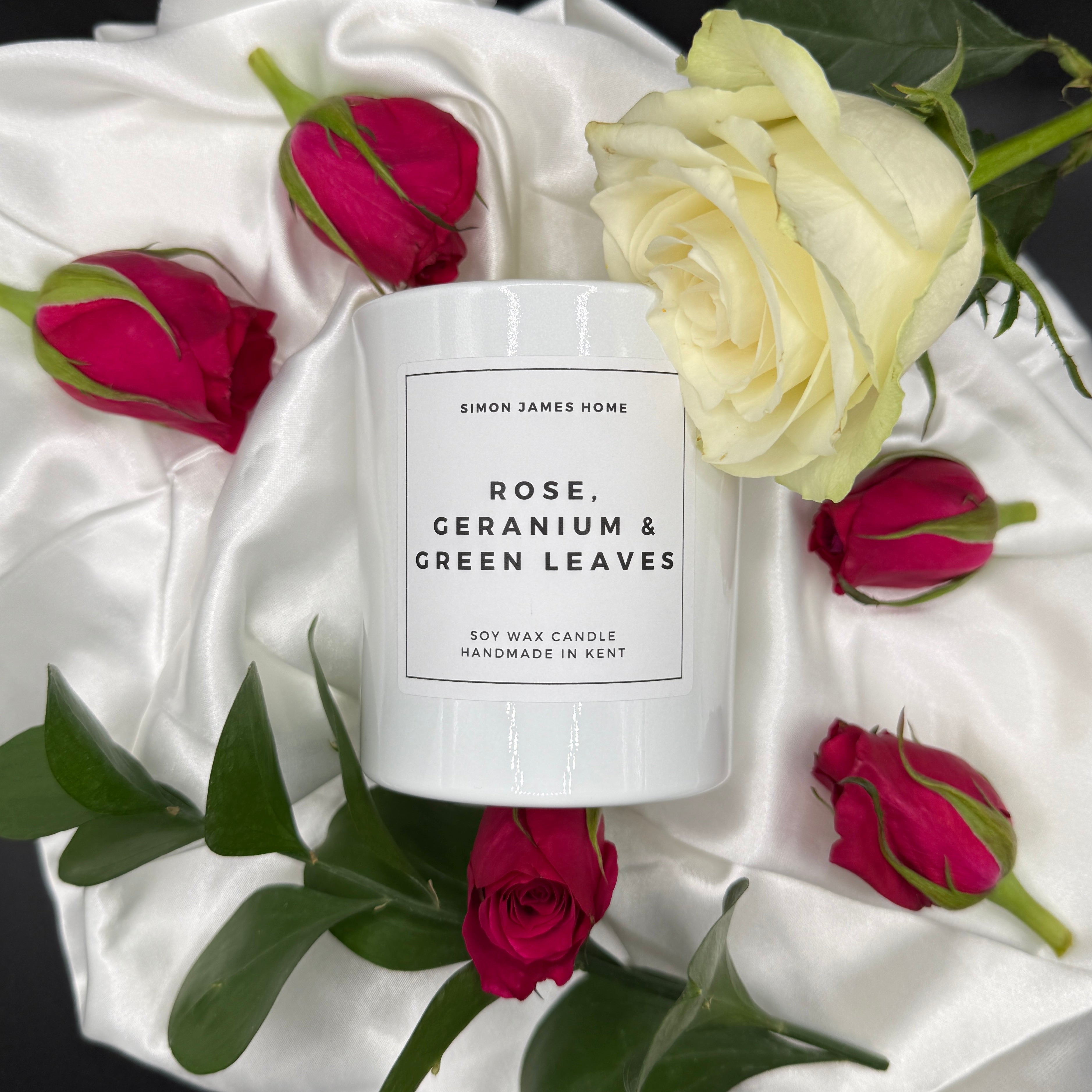 Rose, Geranium & Green Leaves Handmade Soy Wax Candle - Simon James Home