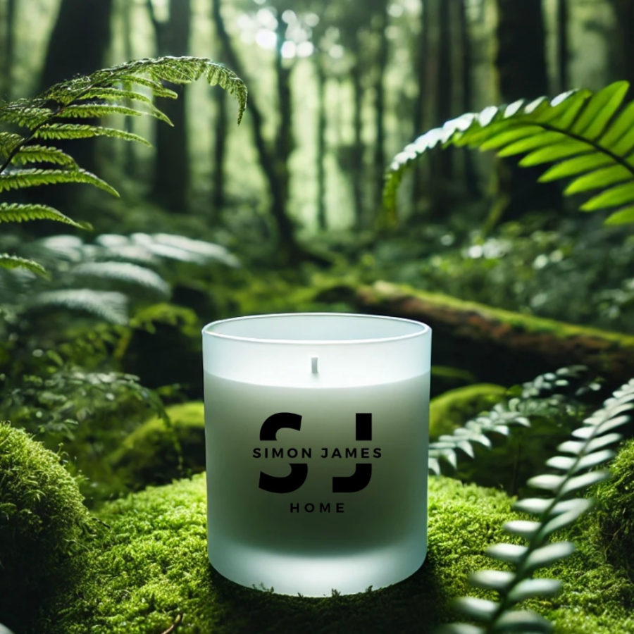 Candle with 'Simon James Home' logo in a forest setting