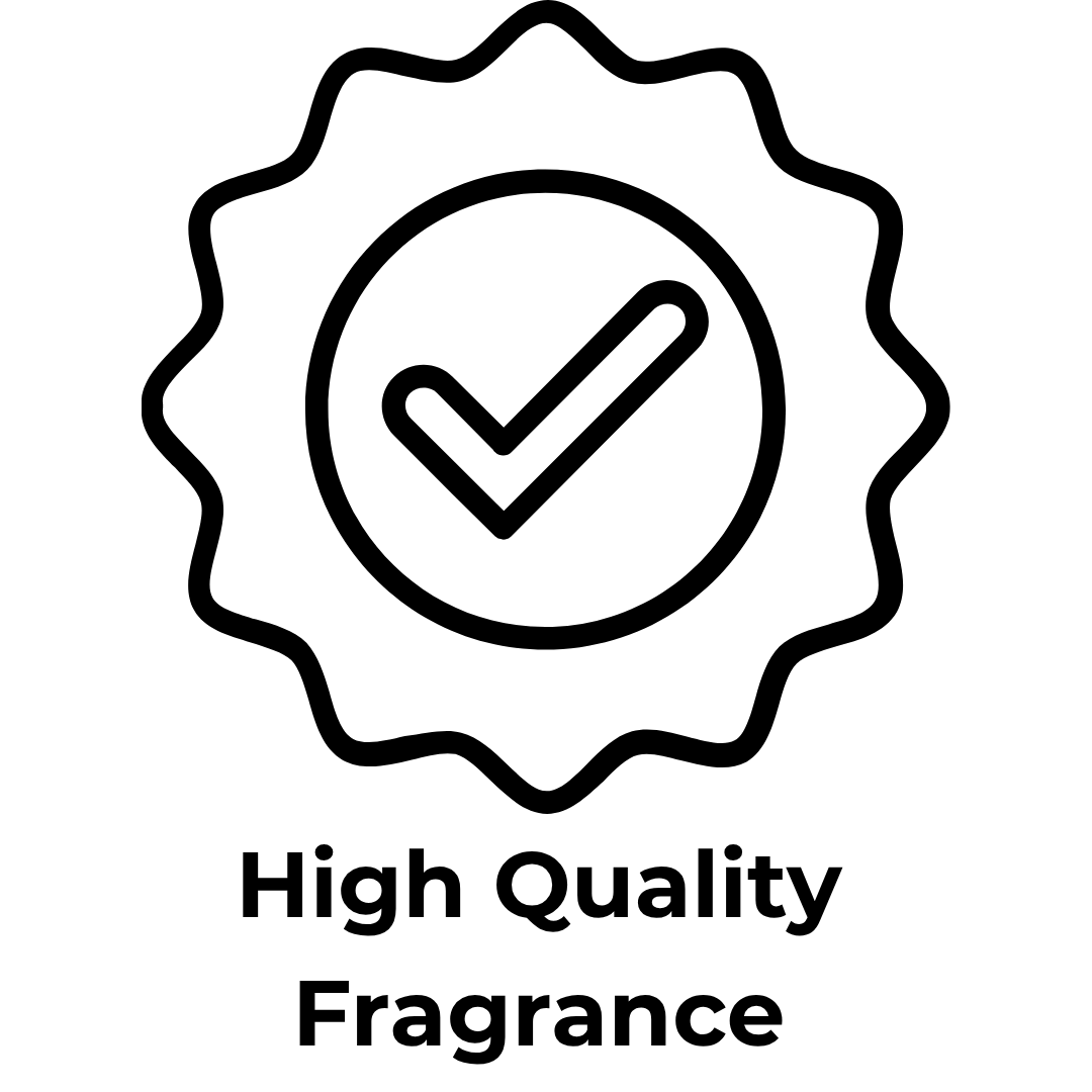 Black and white icon with a check mark and 'High Quality Fragrance' text on a white background
