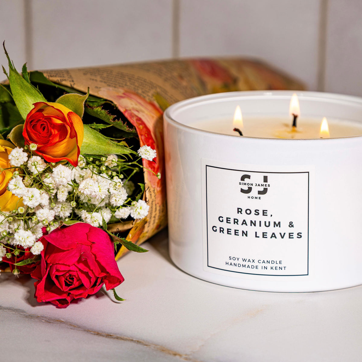 Rose, Geranium & Green Leaves Candle - Luxury Soy Wax - Rose Candle - Simon James Home