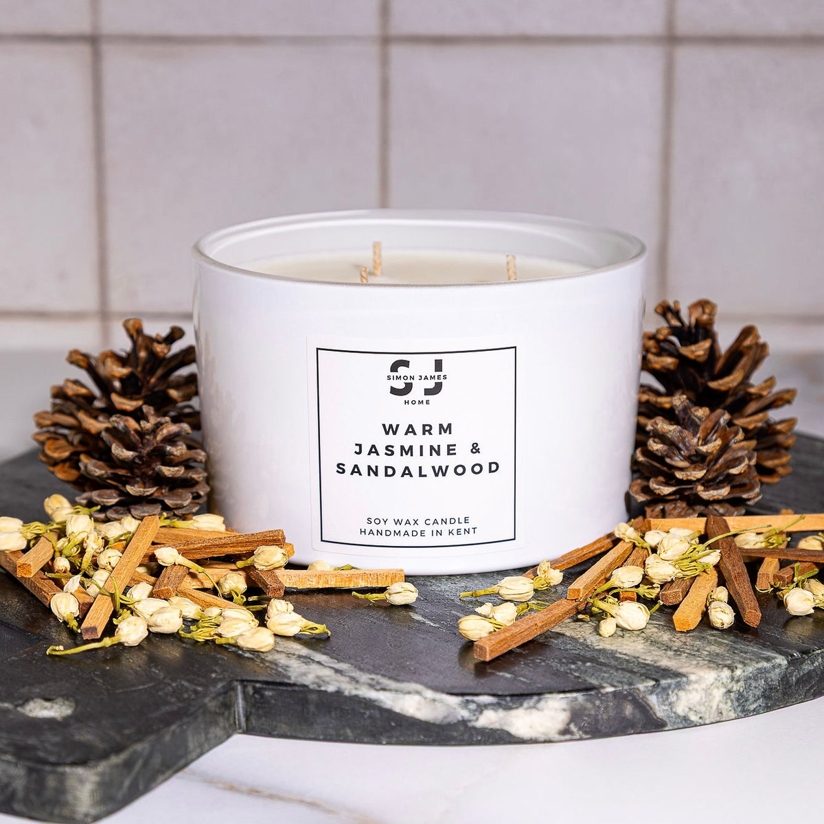 Warm Jasmine & Sandalwood Candle - Luxury Soy Wax - Simon James Home