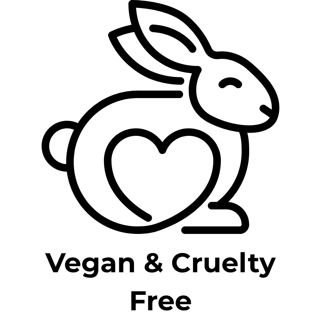 Logo with a rabbit and heart, indicating vegan and cruelty-free products.