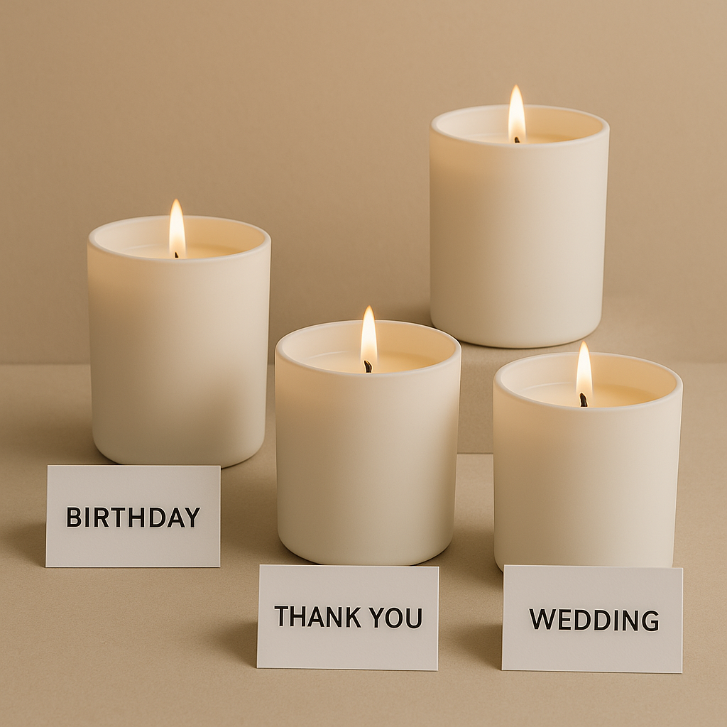 White opaque glass candles with soft flames, each labeled for gifting occasions including birthday, thank you, wedding, and new home, styled on a neutral beige background – luxury candle gifts UK. Simon James Home