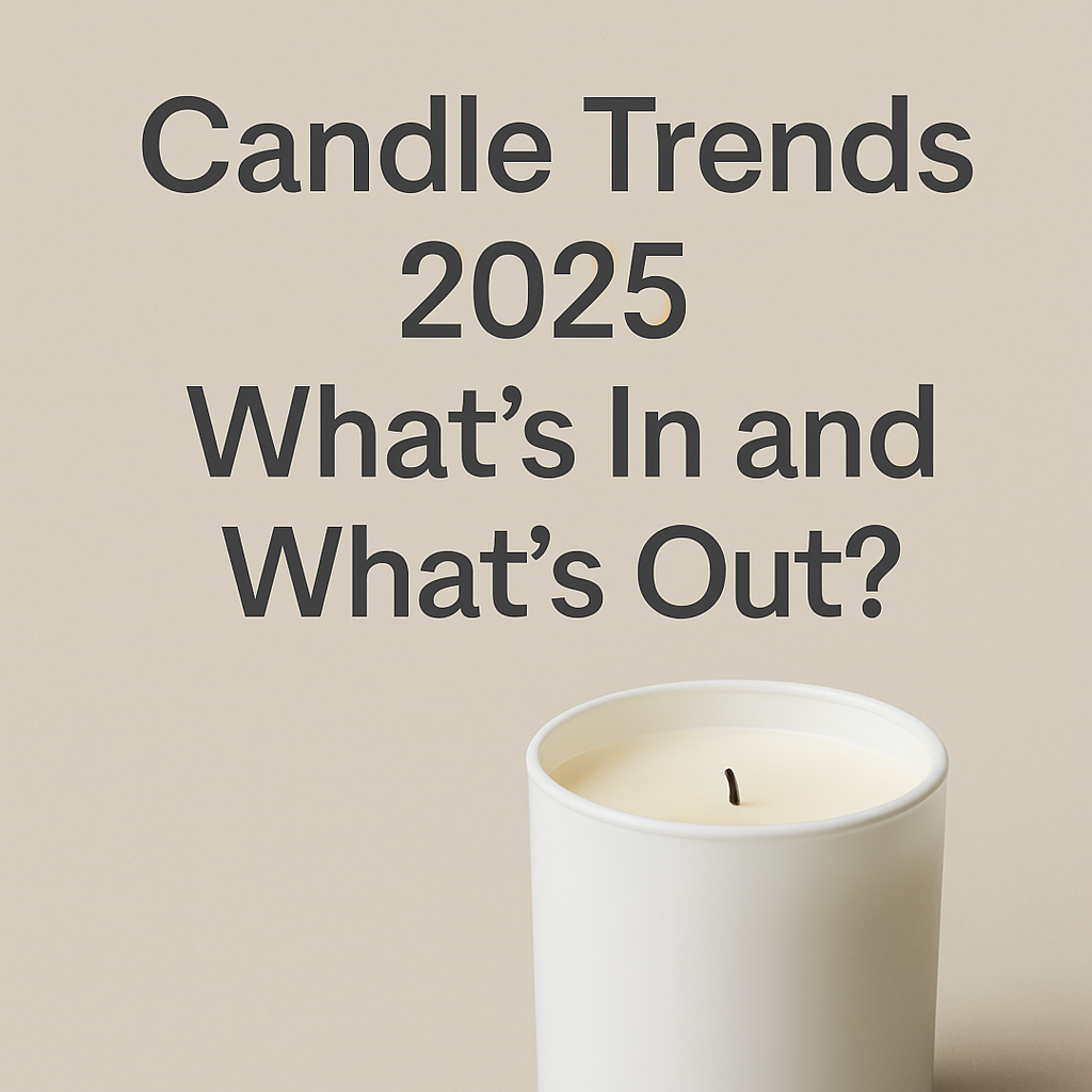 Candle trends 2025 image with minimalist white candle in modern jar. Ideal for eco-luxury home decor, scented candles UK, and sustainable candle design by Simon James Home.