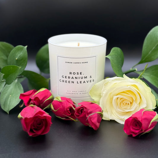 Rose, Geranium & Green Leaves Handmade Soy Wax Candle - Simon James Home