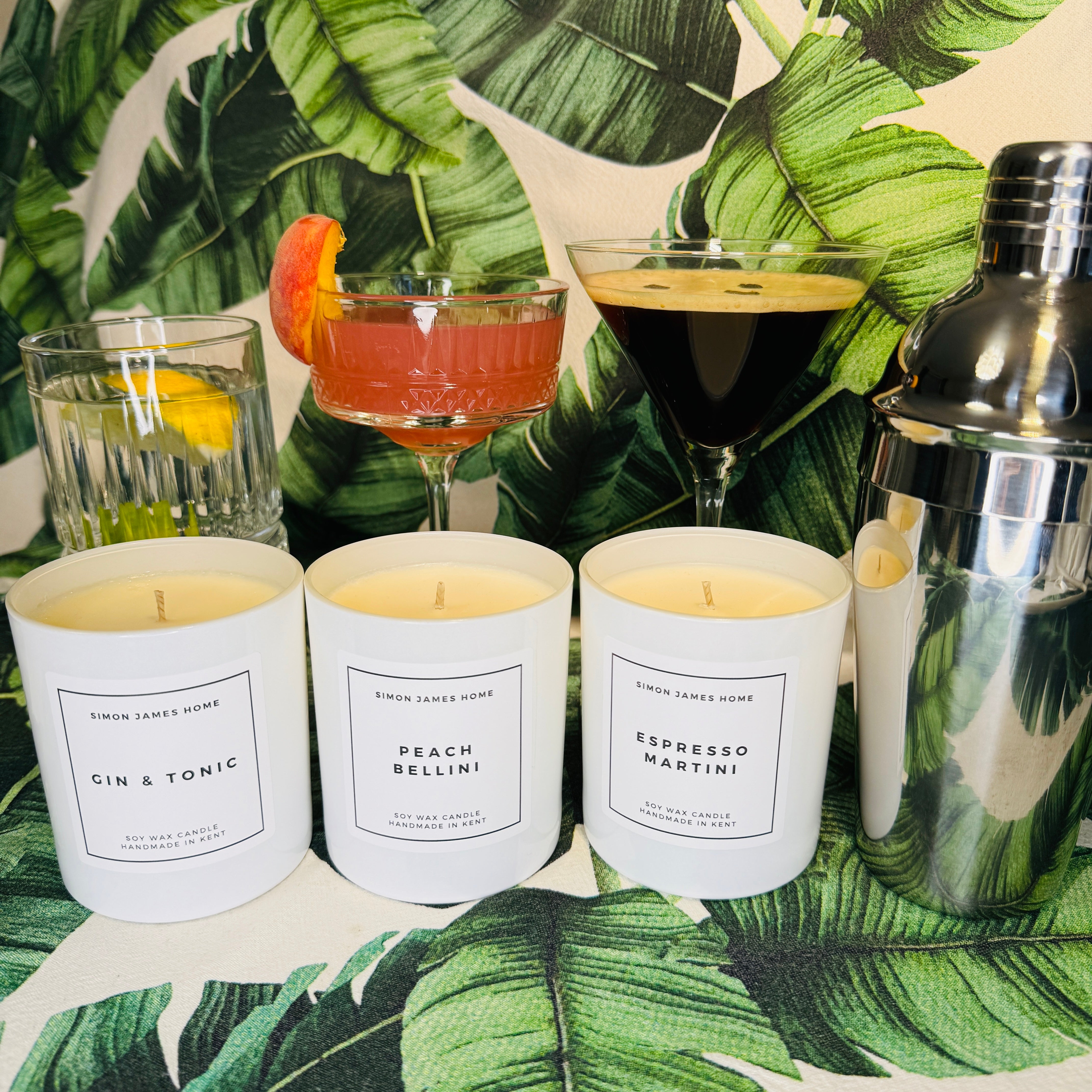 Cocktail Candle Bundle - Peach Bellini, Espresso Martini and Gin & Tonic Soy Wax Candles - Simon James Home