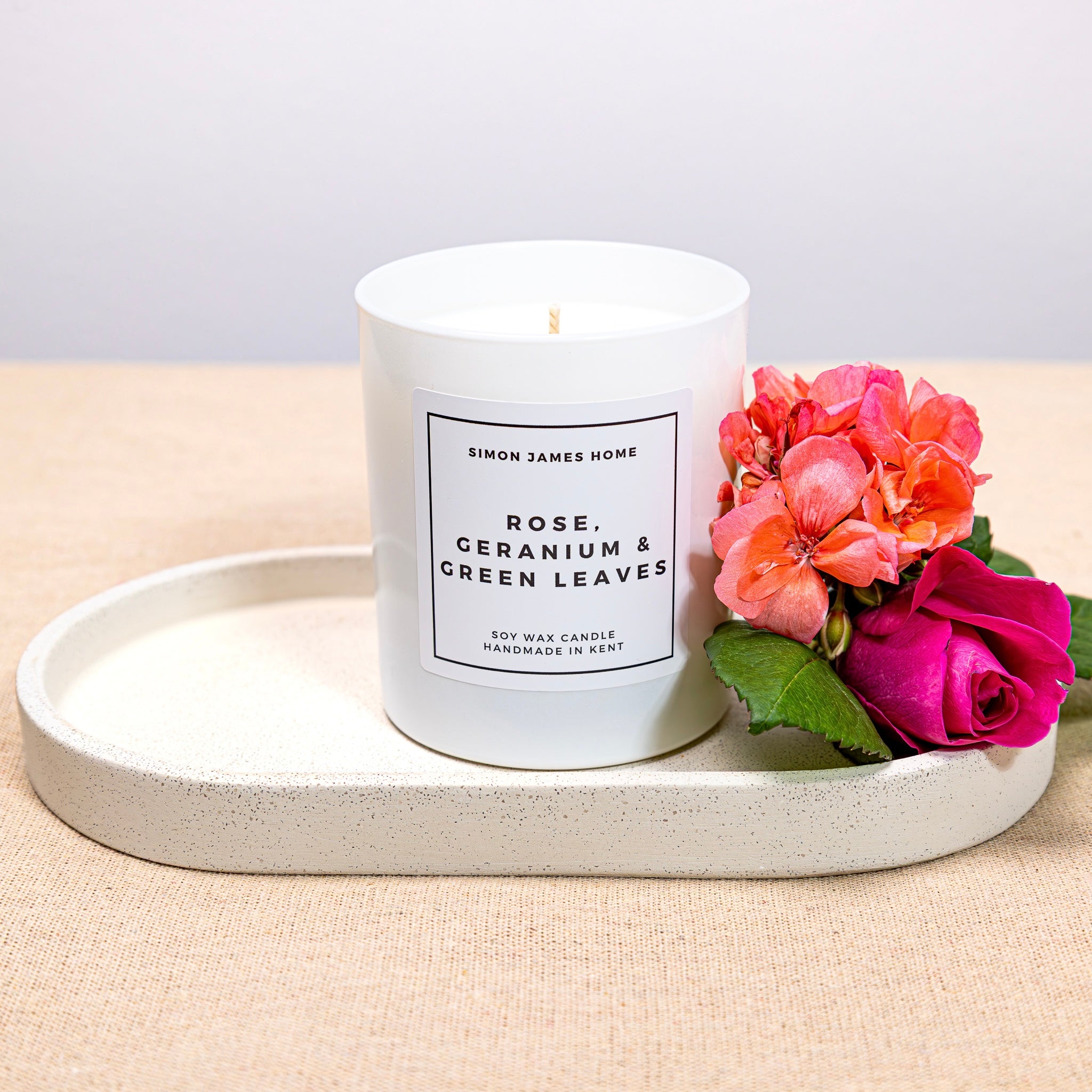 Rose, Geranium & Green Leaves Handmade Soy Wax Candle - Simon James Home