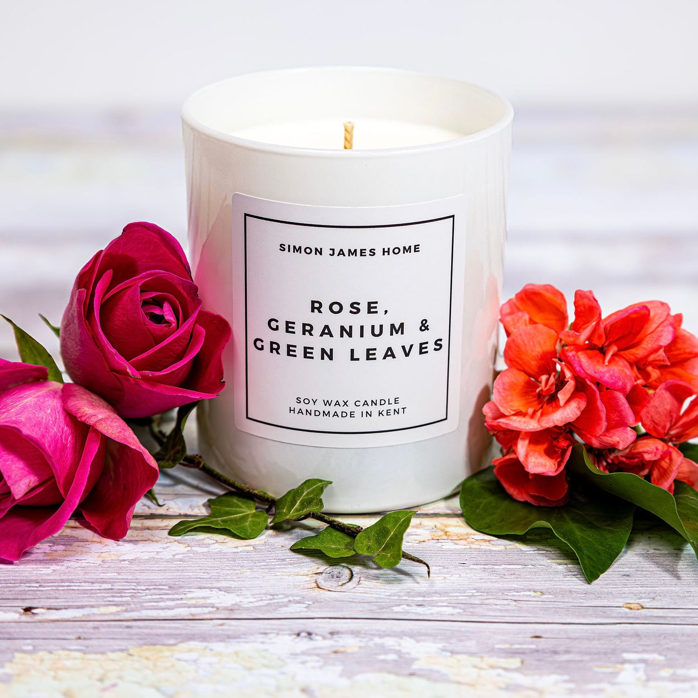 Rose, Geranium & Green Leaves Handmade Soy Wax Candle - Simon James Home