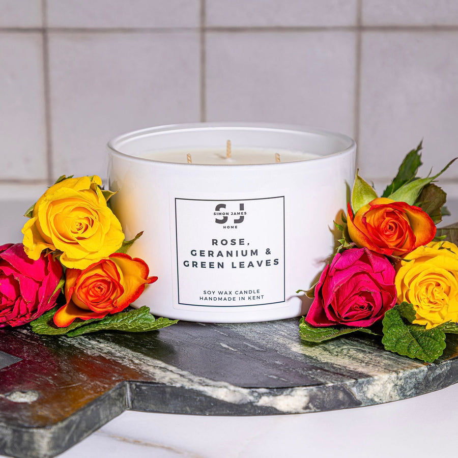 Rose, Geranium & Green Leaves Candle - Luxury Soy Wax - Rose Candle - Simon James Home