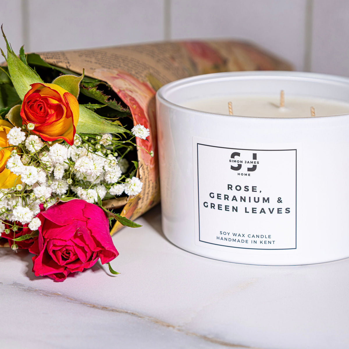 Rose, Geranium & Green Leaves Candle - Luxury Soy Wax - Rose Candle - Simon James Home